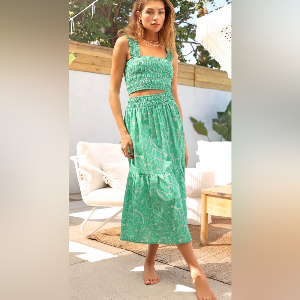 Greylin Thea Smocked Waist Midi Skirt in ‘Gumdrop Green’, Size Small, NWT